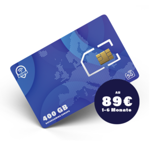 Alternative view of Roaming-SIM Europa mit 400 GB Datenvolumen. 5G mit voller Geschwindigkeit, keine täglichen Begrenzungen, jederzeit aktivierbar.