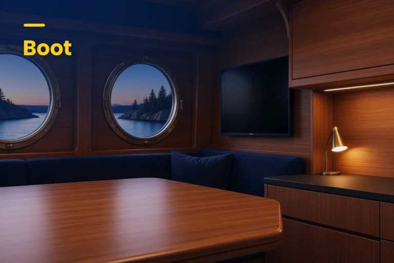 Bootskajüte aus Teak mit Fernseher am Schott, Streaming an Bord mit 12V