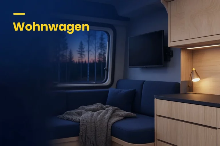 Wohnwagen mit Sitzecke und Wandfernseher, ohne 230V-Steckdose am Fernseher