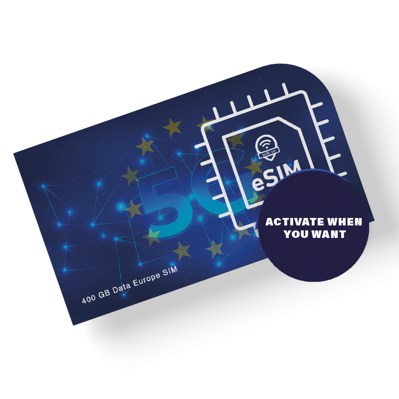 Roaming eSIM Europe with 400 GB of data. Full-speed 5G, no daily limits, activate whenever you want.