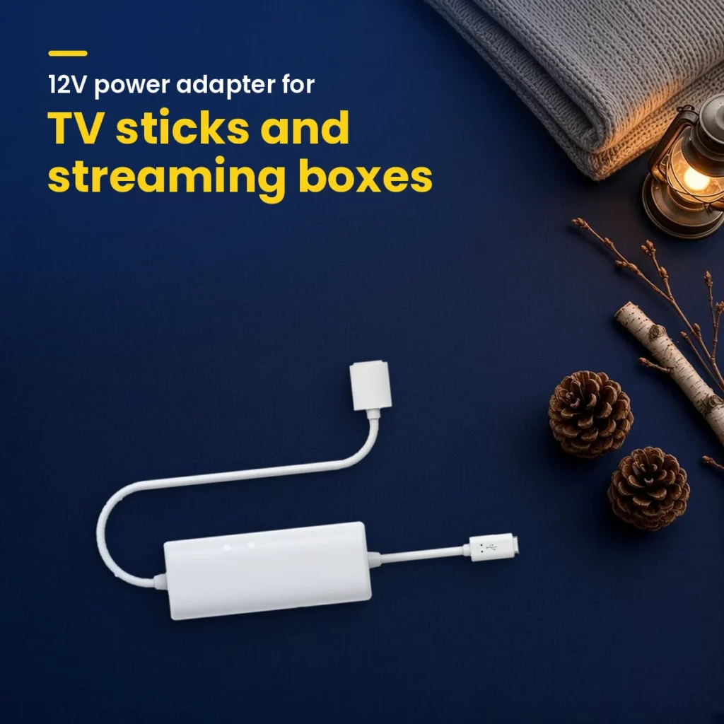 White Wifi.se 12V power adapter for TV sticks and streaming boxes with USB cable on a navy table