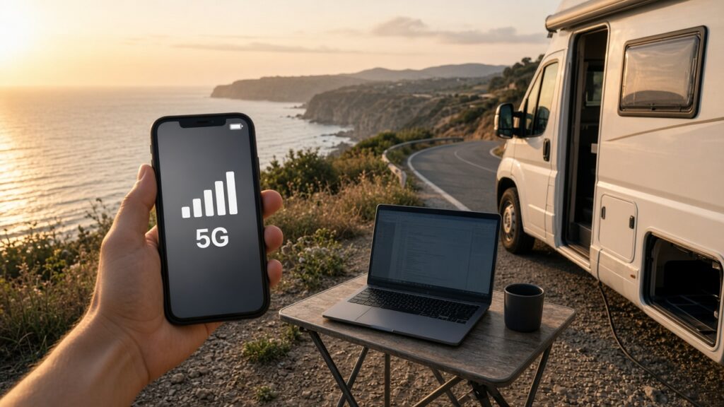 Autocaravana en la costa con un móvil con 5G, eSIM Europa con muchos datos