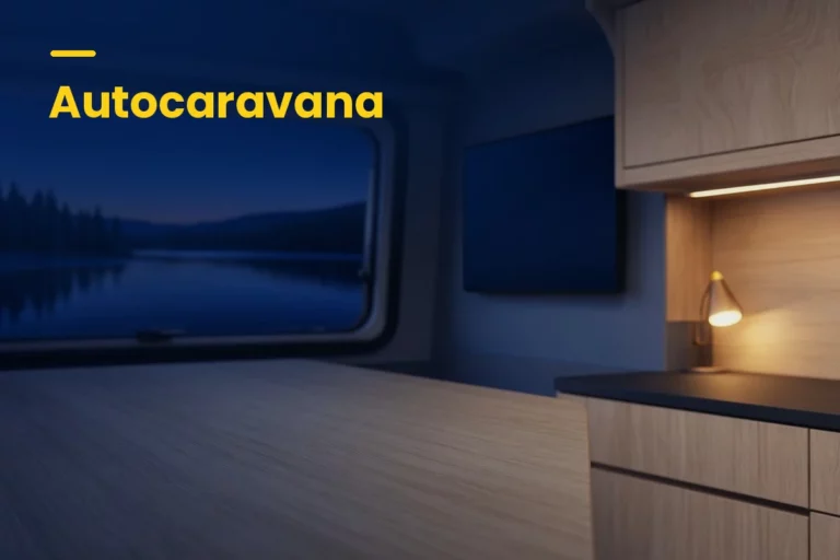 Autocaravana al anochecer con televisor de pared, el stick de TV funciona a 12V