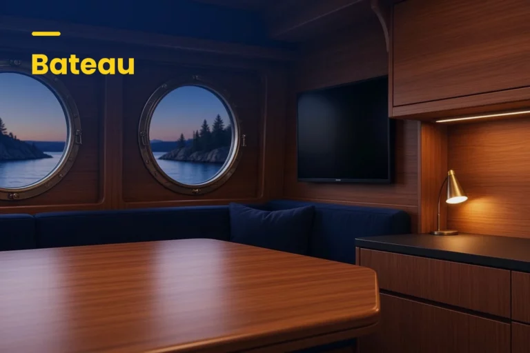 Cabine de bateau en teck avec téléviseur sur la cloison, streaming à bord en 12V