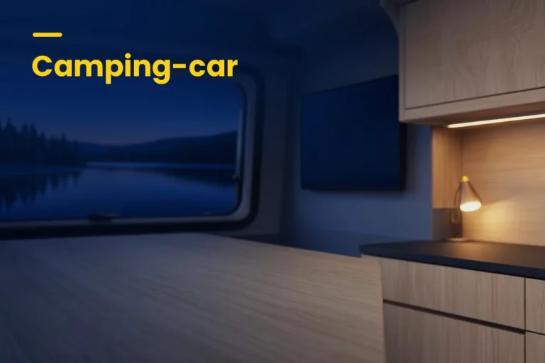 Camping-car au crépuscule avec téléviseur mural, la clé TV fonctionne en 12V