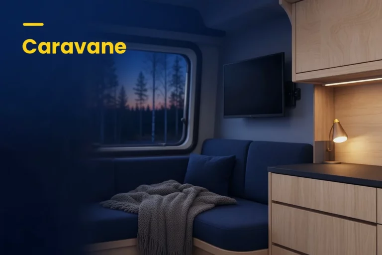 Caravane avec banquette et téléviseur mural, sans prise 230V près du téléviseur