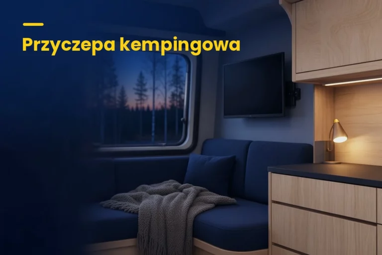 Przyczepa kempingowa z kanapą i telewizorem na ścianie, bez gniazdka 230V przy telewizorze